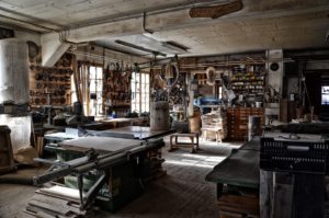 spacious bright wood shop with many instruments